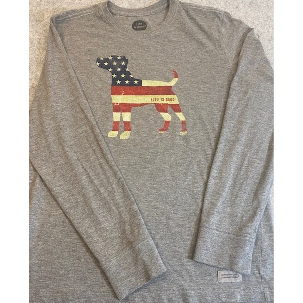 Life is Good Mens Crusher Tee American Flag Dog Graphic Long Sleeve Size‎ Medium